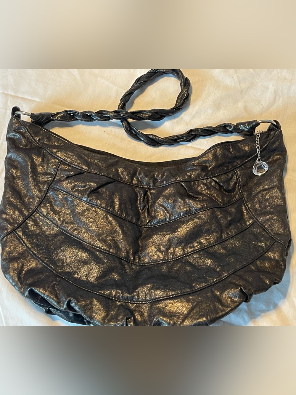 Metallic Black Faux Leather Hobo bag with Braided Strap